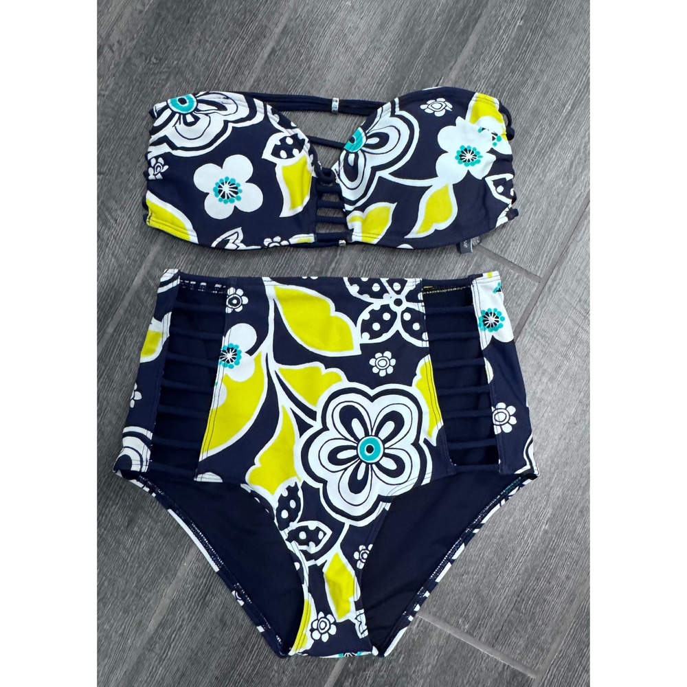 aerie Navy, Yellow & White Floral High-Waist Bikini Set